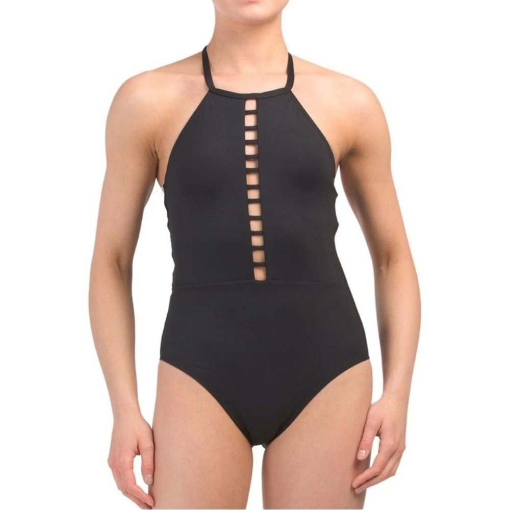 La Blanca women’s black Strappy Back Halter One piece Swimsuit size large 12